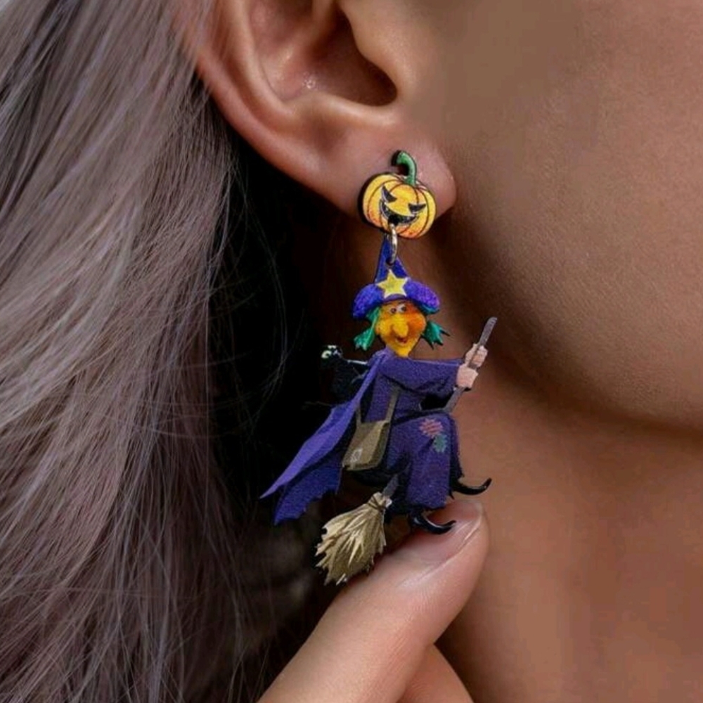 Purple Flying Witch Halloween Wood Dangle Earrings New!